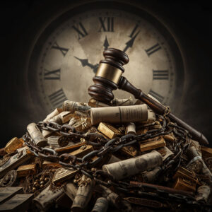 ค้อนตุลาการที่ถูกล่ามโซ่ทับกองสมบัติมรดกพันล้าน (ทองคำ, อัญมณี, เงินสด) สื่อถึงพันธนาการทางกฎหมายและเวลาที่สูญเสียไป