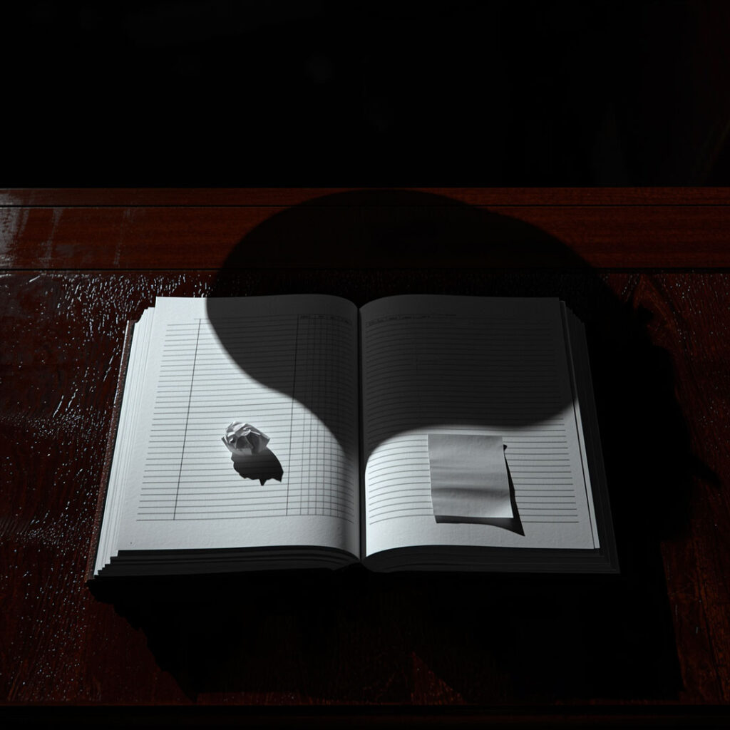 สมุดบัญชีและใบเสร็จรับเงินที่สร้างเงาขนาดใหญ่ทาบทับ สื่อถึงความเสี่ยงการถูกประเมินภาษีย้อนหลังและเบี้ยปรับจากหลักฐานเอกสารชิ้นเล็กๆ ตามคำพิพากษาศาลฎีกาภาษีอากร