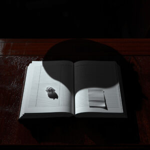 สมุดบัญชีและใบเสร็จรับเงินที่สร้างเงาขนาดใหญ่ทาบทับ สื่อถึงความเสี่ยงการถูกประเมินภาษีย้อนหลังและเบี้ยปรับจากหลักฐานเอกสารชิ้นเล็กๆ ตามคำพิพากษาศาลฎีกาภาษีอากร