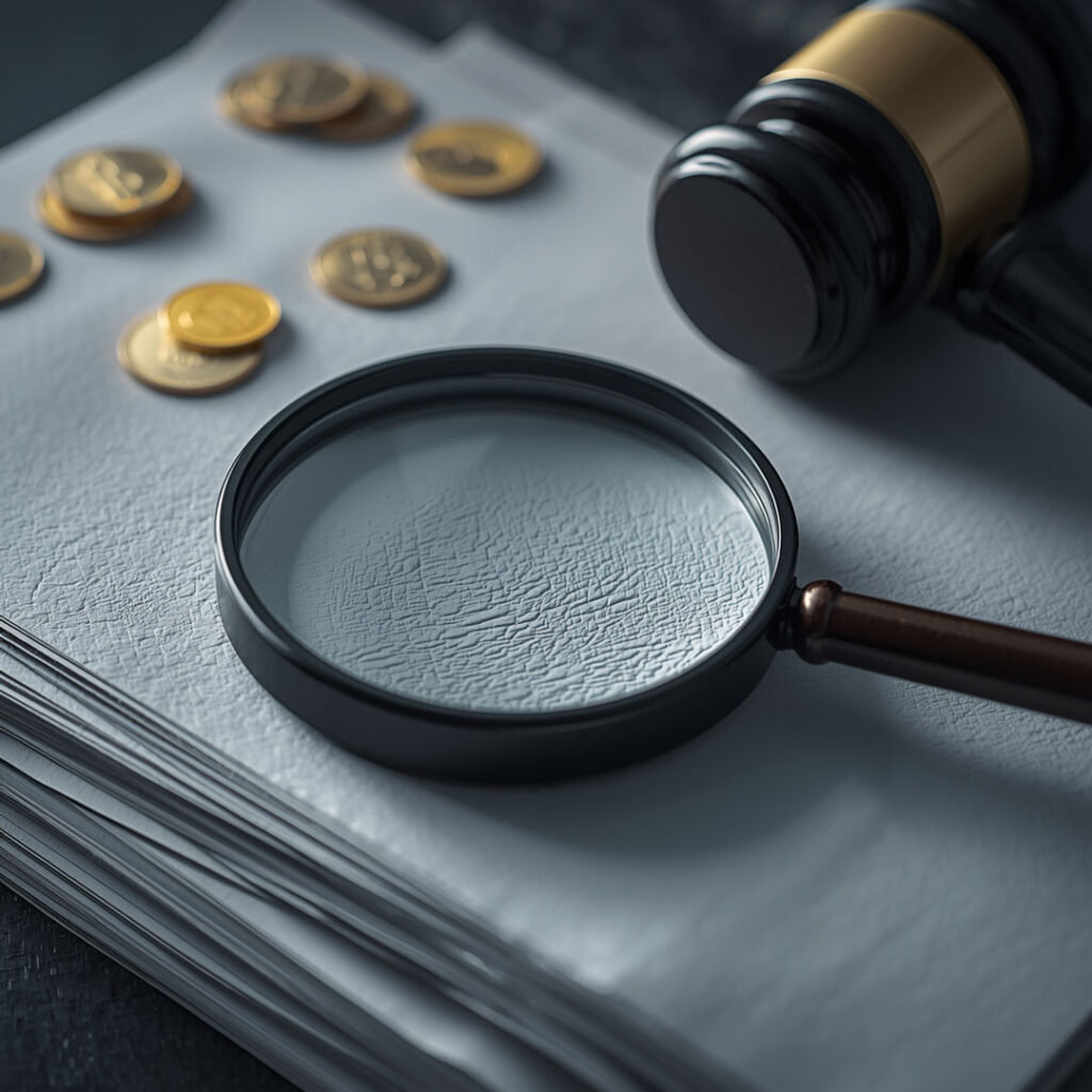 แว่นขยายตรวจสอบเอกสารบัญชีที่ว่างเปล่า คู่กับค้อนศาล สื่อถึงความเสี่ยงทางภาษีจากการบันทึกบัญชีโดยไม่มีกระแสเงินสดจริงรองรับ นำไปสู่การประเมินดอกเบี้ยสมมติ