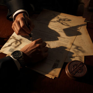 มือเตรียมเซ็นเอกสารโอนอสังหาริมทรัพย์พร้อมเงาค้อนศาล สื่อถึงความเสี่ยงทางกฎหมายและภาษีย้อนหลังจากการทำนิติกรรมอำพราง