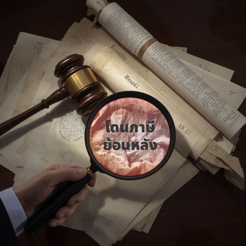 แว่นขยายตรวจสอบรอยรั่วบนเอกสารและโฉนดที่ดินคู่กับค้อนศาลฎีกา สื่อถึงการถูกสรรพากรตรวจสอบการโอนที่ดินต่ำกว่าราคาประเมิน